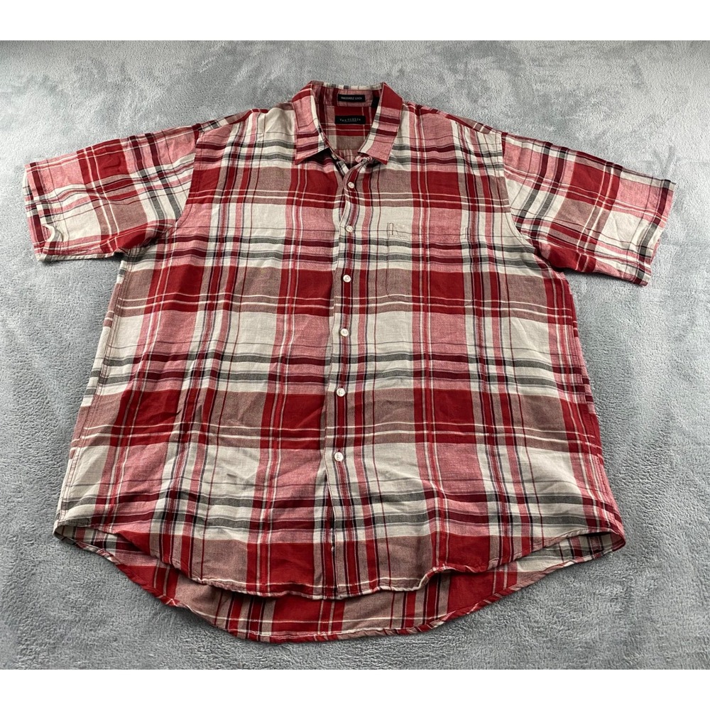 Van Heusen Mens XL Red Plaid Washable Linen Rayon Short Sleeve Button Down Shirt